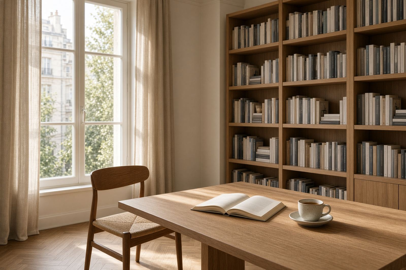 Coin d’étude lumineux, avec des livres scientifiques, un bureau en bois et un cahier ouvert.