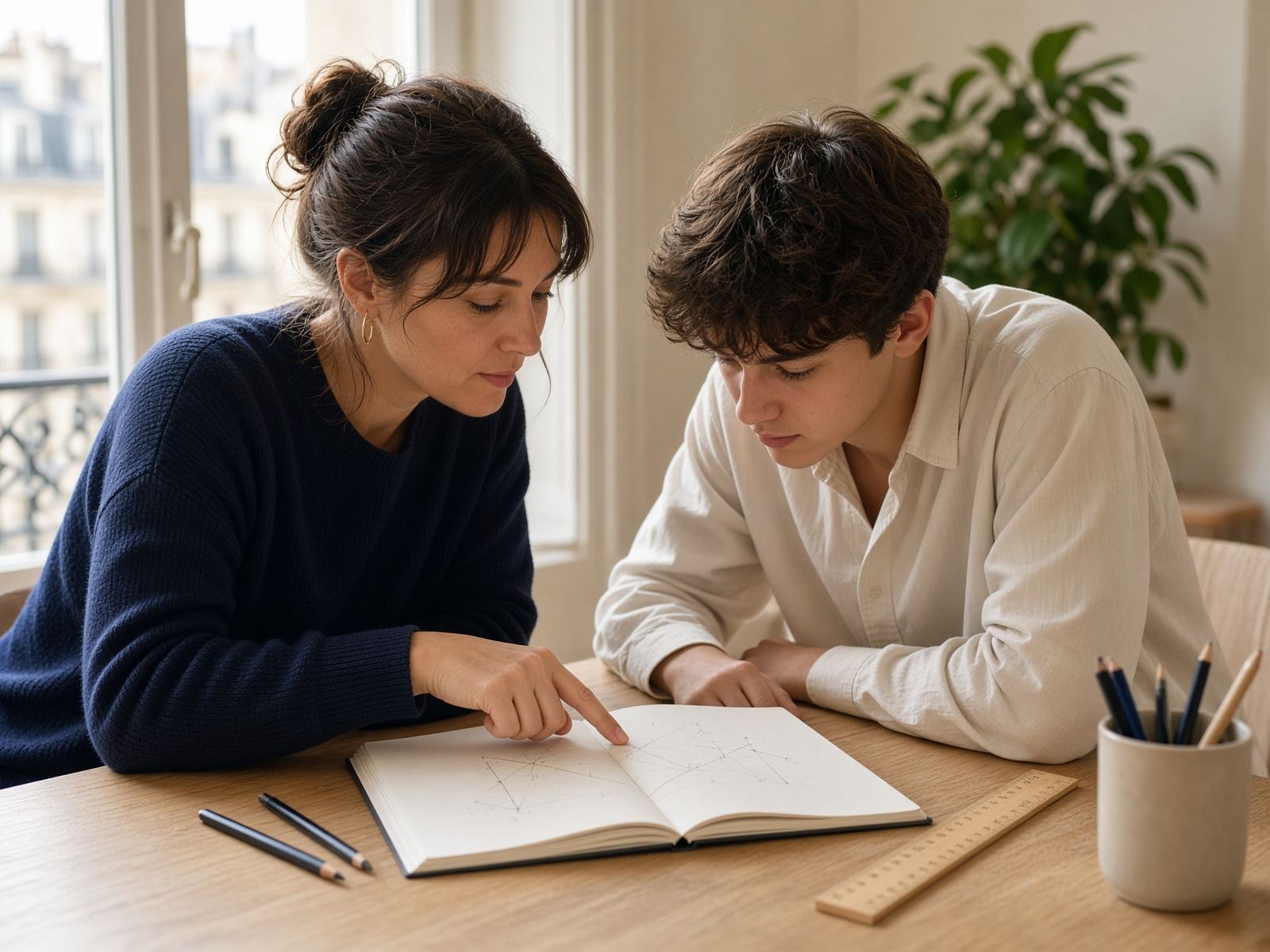 Une enseignante accompagne un élève de collège dans un exercice de mathématiques, dans un intérieur lumineux et calme.