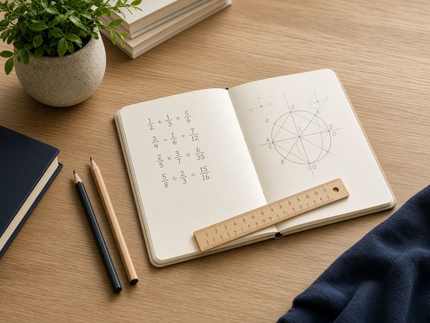 Cahier de mathématiques ouvert, avec des figures de géométrie, un compas et des crayons sur un bureau en bois.