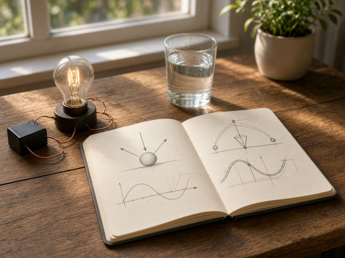 Petit circuit électrique avec une ampoule, un cahier de physique-chimie et des croquis scientifiques sur une table.