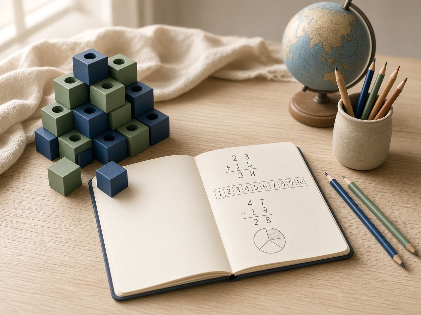 Matériel de mathématiques pour le primaire : cubes de dénombrement, cahier d’exercices et crayons de couleur.